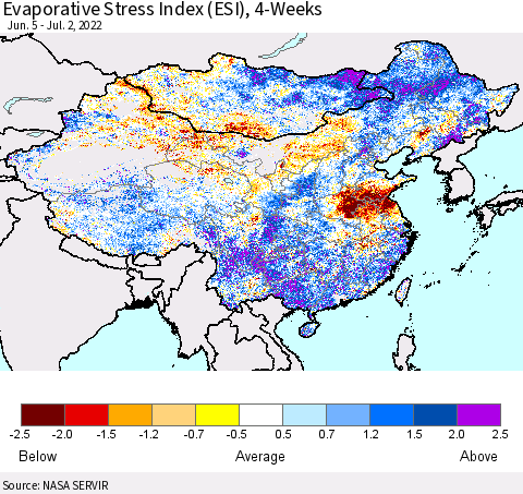 China, Mongolia and Taiwan Evaporative Stress Index (ESI), 4-Weeks Thematic Map For 6/27/2022 - 7/3/2022