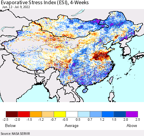 China, Mongolia and Taiwan Evaporative Stress Index (ESI), 4-Weeks Thematic Map For 7/4/2022 - 7/10/2022
