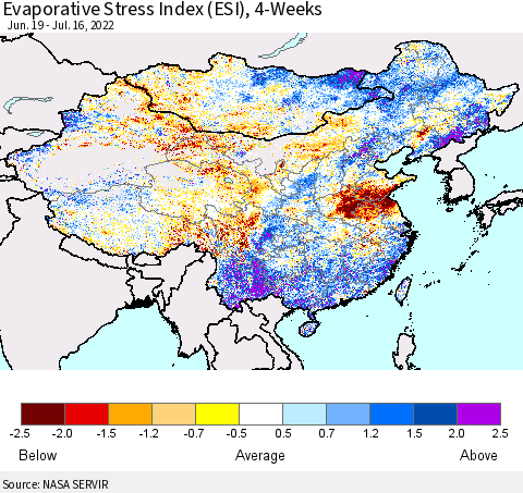 China, Mongolia and Taiwan Evaporative Stress Index (ESI), 4-Weeks Thematic Map For 7/11/2022 - 7/17/2022