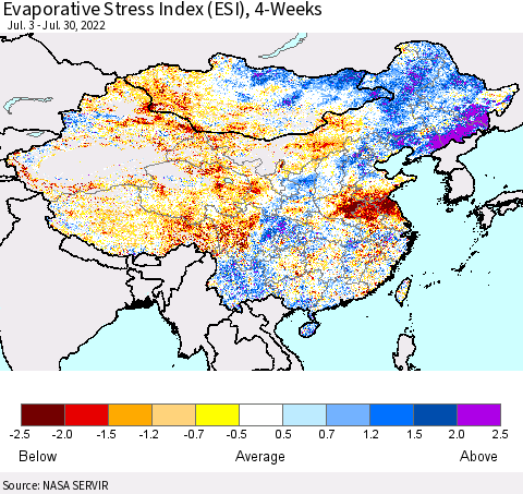 China, Mongolia and Taiwan Evaporative Stress Index (ESI), 4-Weeks Thematic Map For 7/25/2022 - 7/31/2022