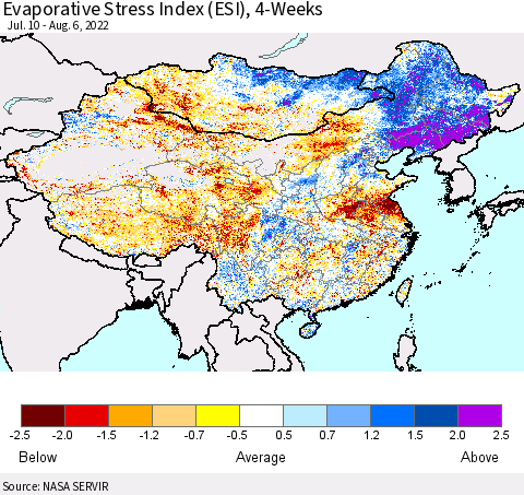 China, Mongolia and Taiwan Evaporative Stress Index (ESI), 4-Weeks Thematic Map For 8/1/2022 - 8/7/2022