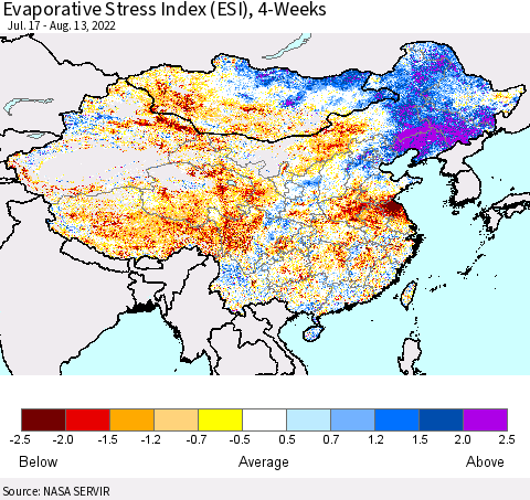 China, Mongolia and Taiwan Evaporative Stress Index (ESI), 4-Weeks Thematic Map For 8/8/2022 - 8/14/2022