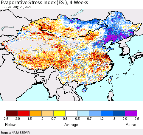 China, Mongolia and Taiwan Evaporative Stress Index (ESI), 4-Weeks Thematic Map For 8/15/2022 - 8/21/2022