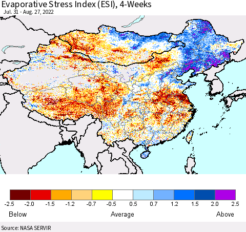 China, Mongolia and Taiwan Evaporative Stress Index (ESI), 4-Weeks Thematic Map For 8/22/2022 - 8/28/2022