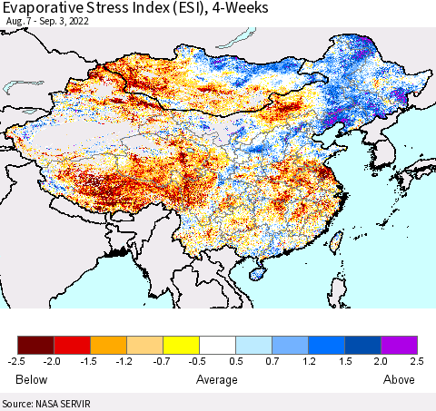 China, Mongolia and Taiwan Evaporative Stress Index (ESI), 4-Weeks Thematic Map For 8/29/2022 - 9/4/2022
