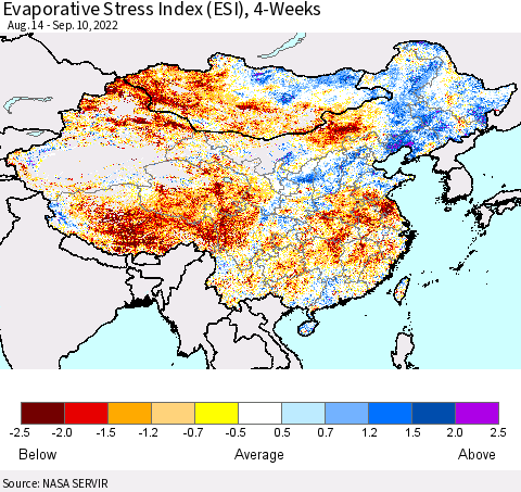 China, Mongolia and Taiwan Evaporative Stress Index (ESI), 4-Weeks Thematic Map For 9/5/2022 - 9/11/2022