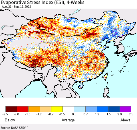 China, Mongolia and Taiwan Evaporative Stress Index (ESI), 4-Weeks Thematic Map For 9/12/2022 - 9/18/2022