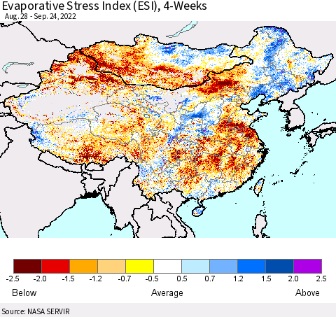 China, Mongolia and Taiwan Evaporative Stress Index (ESI), 4-Weeks Thematic Map For 9/19/2022 - 9/25/2022