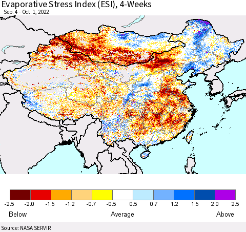 China, Mongolia and Taiwan Evaporative Stress Index (ESI), 4-Weeks Thematic Map For 9/26/2022 - 10/2/2022