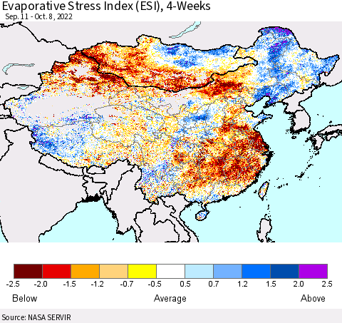 China, Mongolia and Taiwan Evaporative Stress Index (ESI), 4-Weeks Thematic Map For 10/3/2022 - 10/9/2022