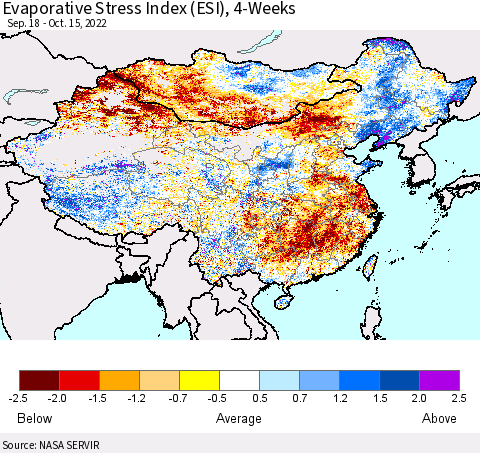 China, Mongolia and Taiwan Evaporative Stress Index (ESI), 4-Weeks Thematic Map For 10/10/2022 - 10/16/2022