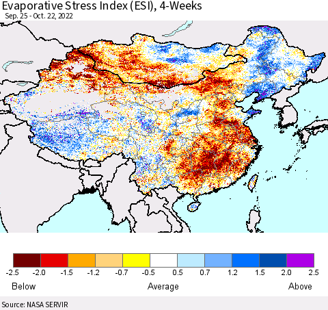 China, Mongolia and Taiwan Evaporative Stress Index (ESI), 4-Weeks Thematic Map For 10/17/2022 - 10/23/2022