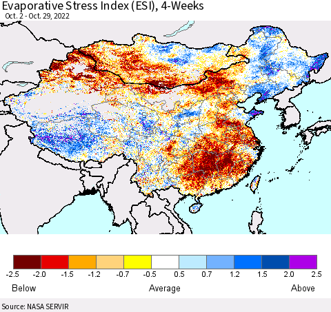China, Mongolia and Taiwan Evaporative Stress Index (ESI), 4-Weeks Thematic Map For 10/24/2022 - 10/30/2022