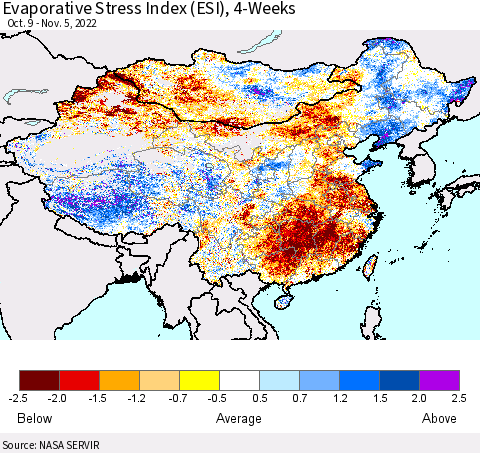 China, Mongolia and Taiwan Evaporative Stress Index (ESI), 4-Weeks Thematic Map For 10/31/2022 - 11/6/2022