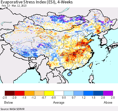 China, Mongolia and Taiwan Evaporative Stress Index (ESI), 4-Weeks Thematic Map For 3/6/2023 - 3/12/2023