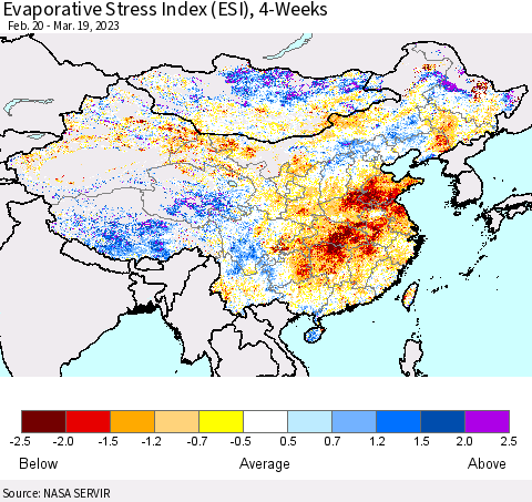 China, Mongolia and Taiwan Evaporative Stress Index (ESI), 4-Weeks Thematic Map For 3/13/2023 - 3/19/2023