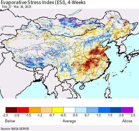 China, Mongolia and Taiwan Evaporative Stress Index (ESI), 4-Weeks Thematic Map For 3/20/2023 - 3/26/2023