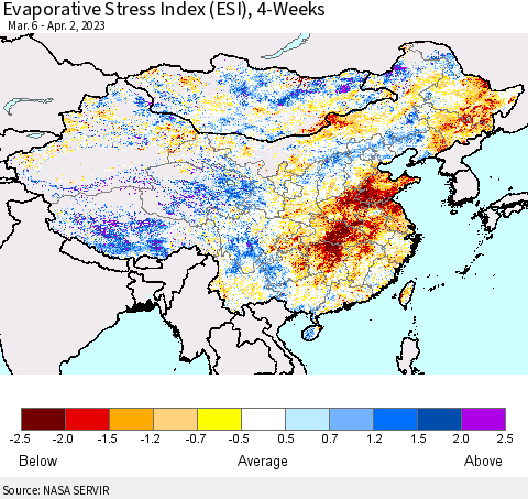 China, Mongolia and Taiwan Evaporative Stress Index (ESI), 4-Weeks Thematic Map For 3/27/2023 - 4/2/2023