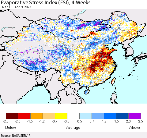 China, Mongolia and Taiwan Evaporative Stress Index (ESI), 4-Weeks Thematic Map For 4/3/2023 - 4/9/2023