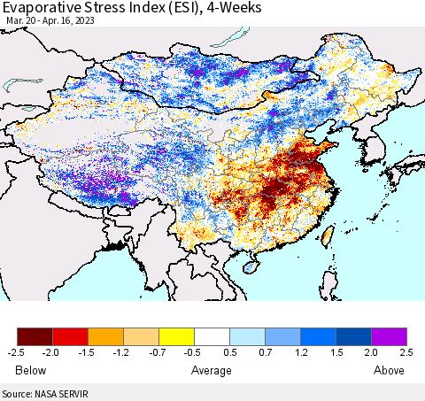 China, Mongolia and Taiwan Evaporative Stress Index (ESI), 4-Weeks Thematic Map For 4/10/2023 - 4/16/2023