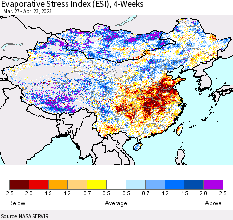 China, Mongolia and Taiwan Evaporative Stress Index (ESI), 4-Weeks Thematic Map For 4/17/2023 - 4/23/2023