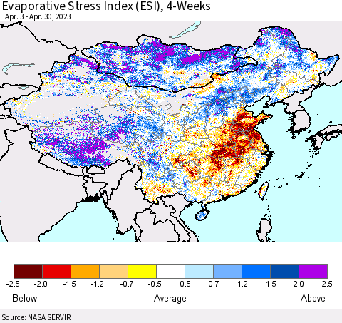 China, Mongolia and Taiwan Evaporative Stress Index (ESI), 4-Weeks Thematic Map For 4/24/2023 - 4/30/2023