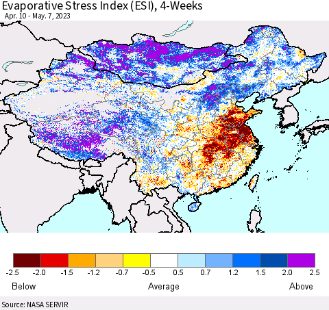 China, Mongolia and Taiwan Evaporative Stress Index (ESI), 4-Weeks Thematic Map For 5/1/2023 - 5/7/2023