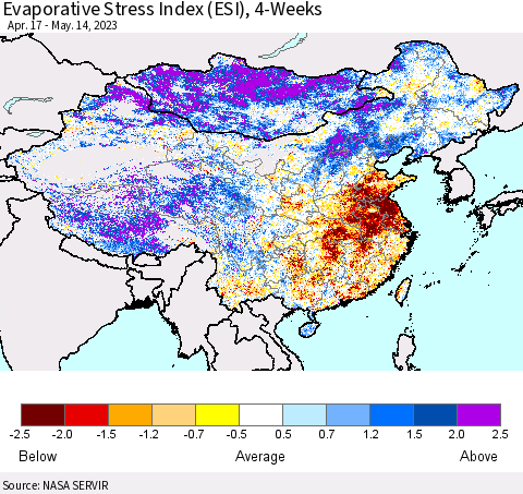 China, Mongolia and Taiwan Evaporative Stress Index (ESI), 4-Weeks Thematic Map For 5/8/2023 - 5/14/2023