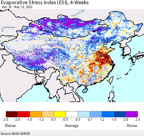China, Mongolia and Taiwan Evaporative Stress Index (ESI), 4-Weeks Thematic Map For 5/15/2023 - 5/21/2023