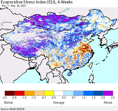 China, Mongolia and Taiwan Evaporative Stress Index (ESI), 4-Weeks Thematic Map For 5/22/2023 - 5/28/2023