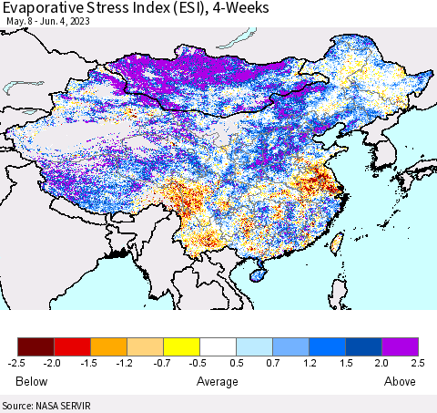 China, Mongolia and Taiwan Evaporative Stress Index (ESI), 4-Weeks Thematic Map For 5/29/2023 - 6/4/2023