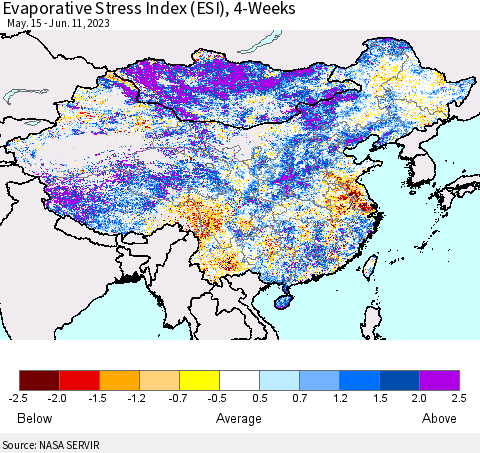 China, Mongolia and Taiwan Evaporative Stress Index (ESI), 4-Weeks Thematic Map For 6/5/2023 - 6/11/2023