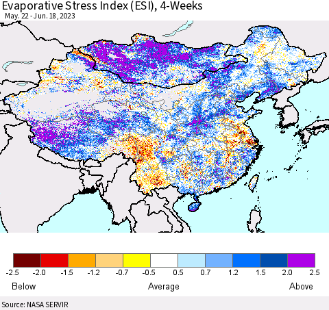 China, Mongolia and Taiwan Evaporative Stress Index (ESI), 4-Weeks Thematic Map For 6/12/2023 - 6/18/2023
