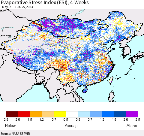 China, Mongolia and Taiwan Evaporative Stress Index (ESI), 4-Weeks Thematic Map For 6/19/2023 - 6/25/2023