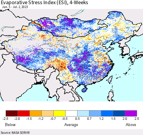 China, Mongolia and Taiwan Evaporative Stress Index (ESI), 4-Weeks Thematic Map For 6/26/2023 - 7/2/2023