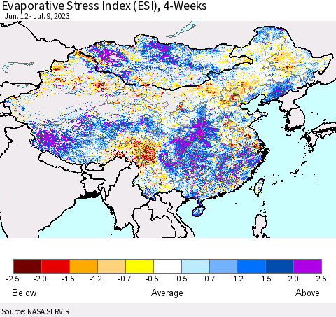 China, Mongolia and Taiwan Evaporative Stress Index (ESI), 4-Weeks Thematic Map For 7/3/2023 - 7/9/2023