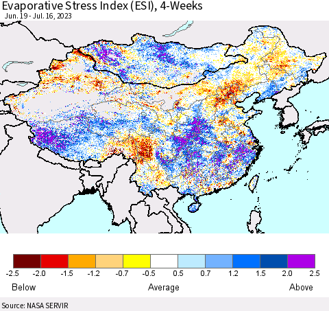 China, Mongolia and Taiwan Evaporative Stress Index (ESI), 4-Weeks Thematic Map For 7/10/2023 - 7/16/2023