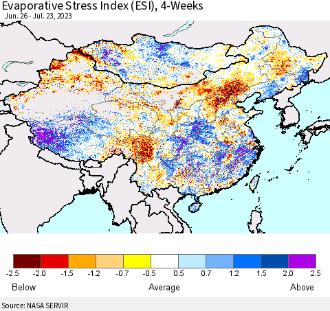 China, Mongolia and Taiwan Evaporative Stress Index (ESI), 4-Weeks Thematic Map For 7/17/2023 - 7/23/2023