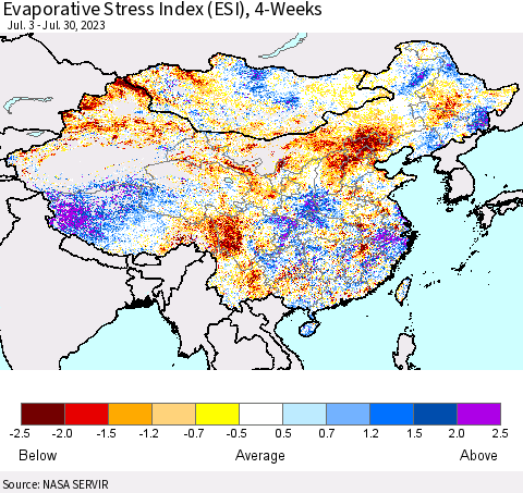 China, Mongolia and Taiwan Evaporative Stress Index (ESI), 4-Weeks Thematic Map For 7/24/2023 - 7/30/2023