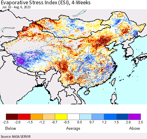 China, Mongolia and Taiwan Evaporative Stress Index (ESI), 4-Weeks Thematic Map For 7/31/2023 - 8/6/2023