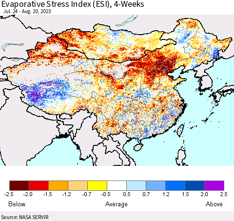 China, Mongolia and Taiwan Evaporative Stress Index (ESI), 4-Weeks Thematic Map For 8/14/2023 - 8/20/2023