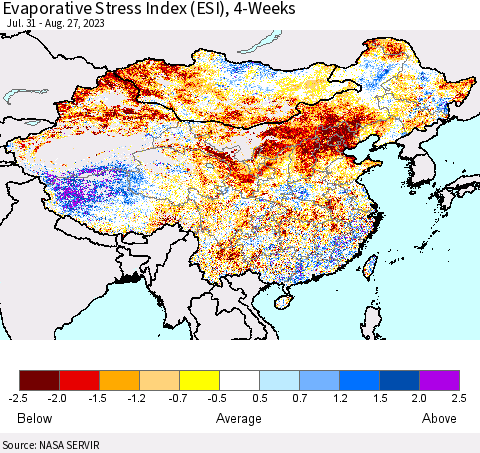 China, Mongolia and Taiwan Evaporative Stress Index (ESI), 4-Weeks Thematic Map For 8/21/2023 - 8/27/2023