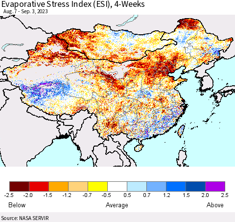 China, Mongolia and Taiwan Evaporative Stress Index (ESI), 4-Weeks Thematic Map For 8/28/2023 - 9/3/2023
