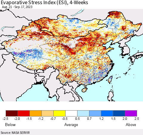 China, Mongolia and Taiwan Evaporative Stress Index (ESI), 4-Weeks Thematic Map For 9/11/2023 - 9/17/2023