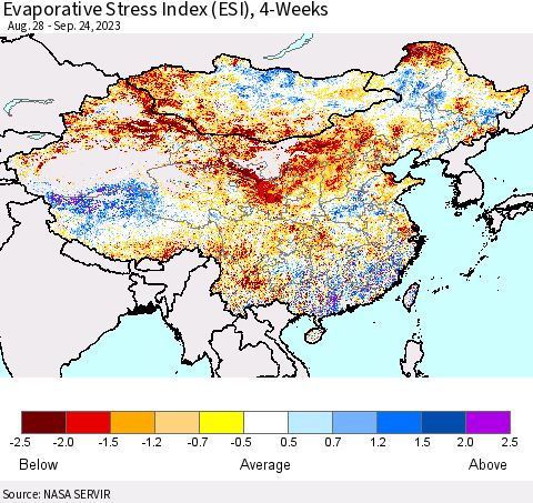 China, Mongolia and Taiwan Evaporative Stress Index (ESI), 4-Weeks Thematic Map For 9/18/2023 - 9/24/2023