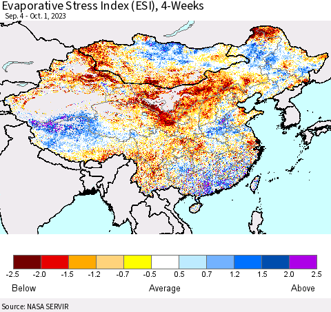 China, Mongolia and Taiwan Evaporative Stress Index (ESI), 4-Weeks Thematic Map For 9/25/2023 - 10/1/2023