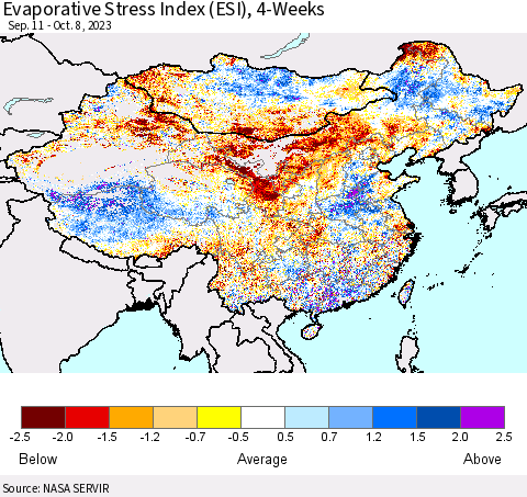 China, Mongolia and Taiwan Evaporative Stress Index (ESI), 4-Weeks Thematic Map For 10/2/2023 - 10/8/2023