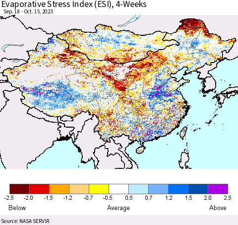 China, Mongolia and Taiwan Evaporative Stress Index (ESI), 4-Weeks Thematic Map For 10/9/2023 - 10/15/2023