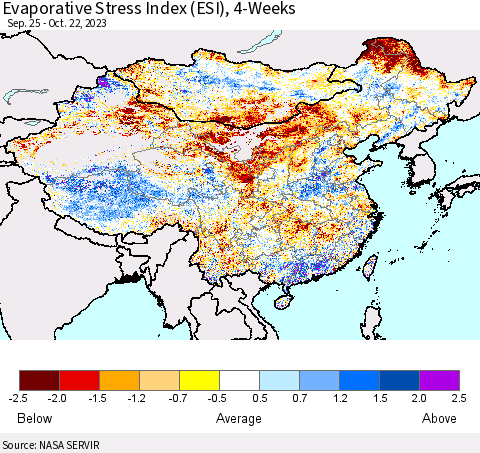 China, Mongolia and Taiwan Evaporative Stress Index (ESI), 4-Weeks Thematic Map For 10/16/2023 - 10/22/2023