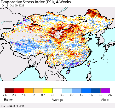China, Mongolia and Taiwan Evaporative Stress Index (ESI), 4-Weeks Thematic Map For 10/23/2023 - 10/29/2023